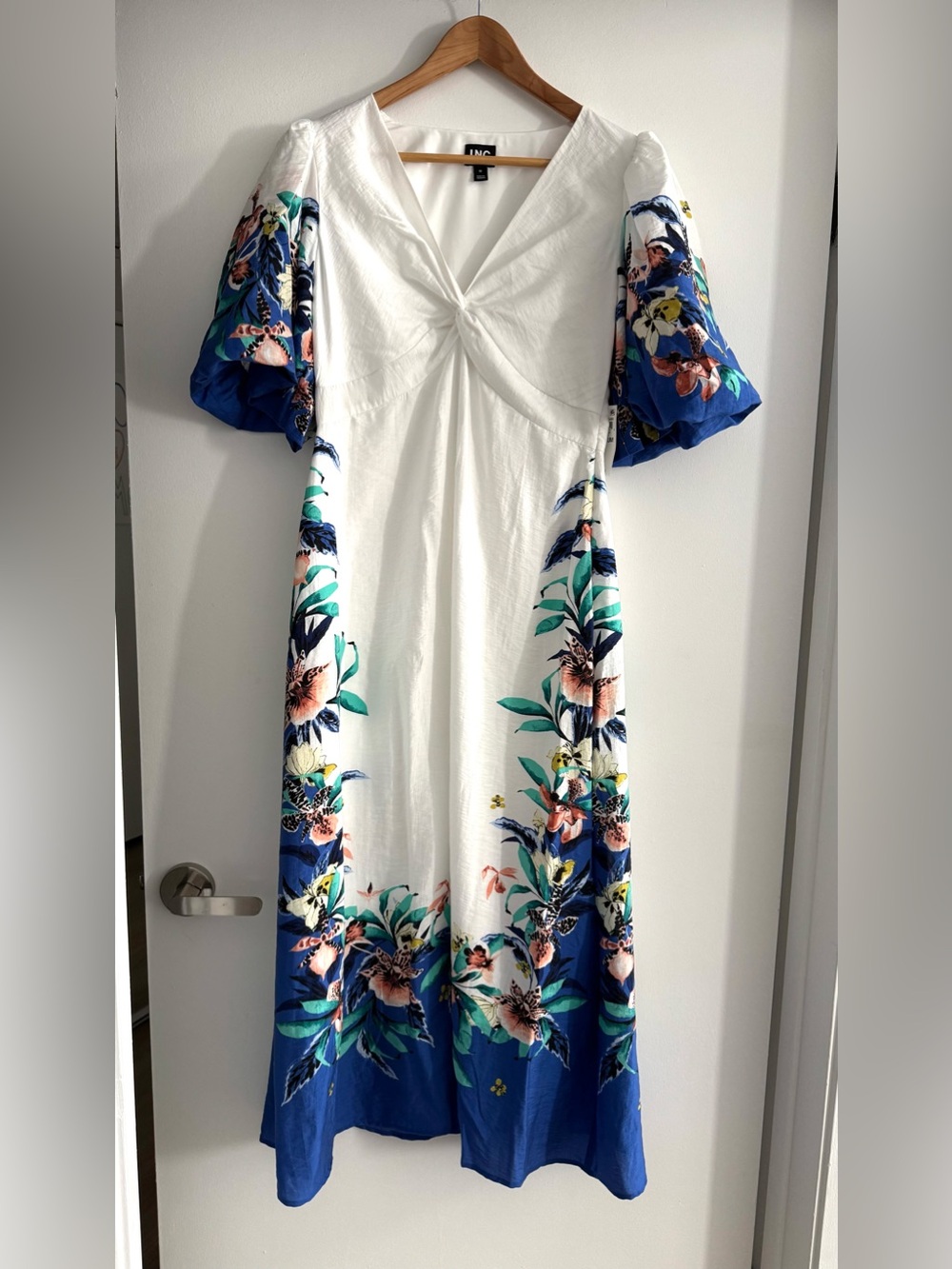 INC International Concepts White Maxi Dress with Blue Floral Trim